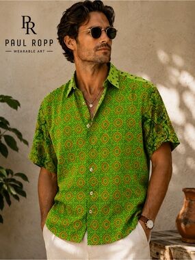 NWT Paul Ropp Jorge Day Shirt Size 3 Medium Green Cotton Button Up Artwear B7